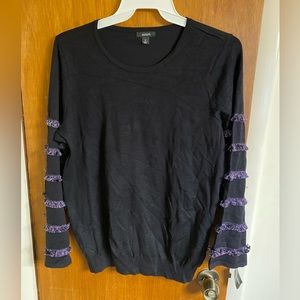 NWT Alfani 1X ladies long sleeve black top with purple & black fringe on sleeves